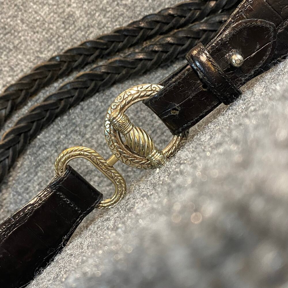 Vintage 1996 Womens Black Leather Double Braided Belt Silver Clasp Hardware 34"